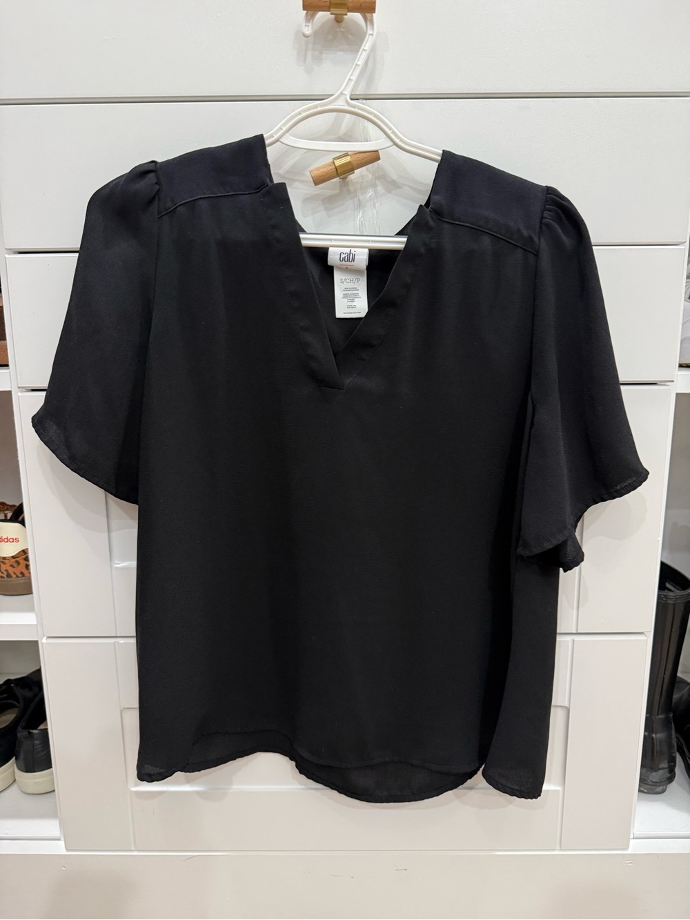 CAbi Black V-Neck Flutter Sleeve Blouse
